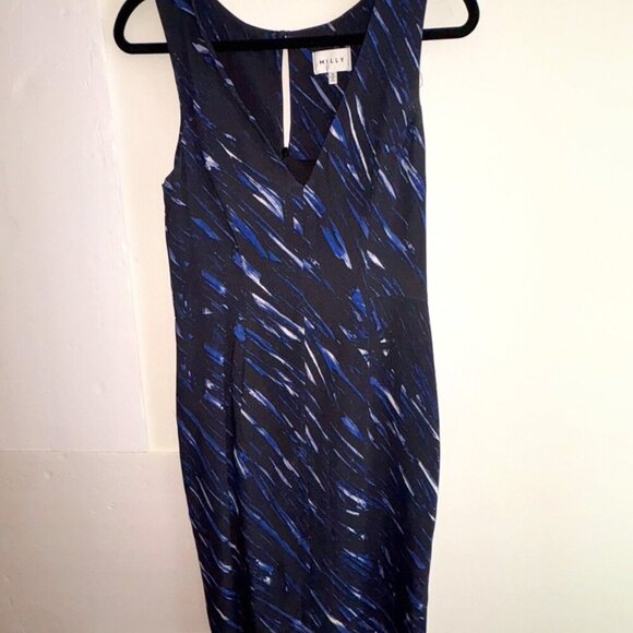Milly Black Navy Brushstroke V Sheath Cocktail Business Formal Dress Size 4 - Picture 2 of 9
